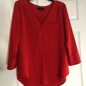 Fred David Bright Red V-Neck Blouse Medium 3/4 Sleeve